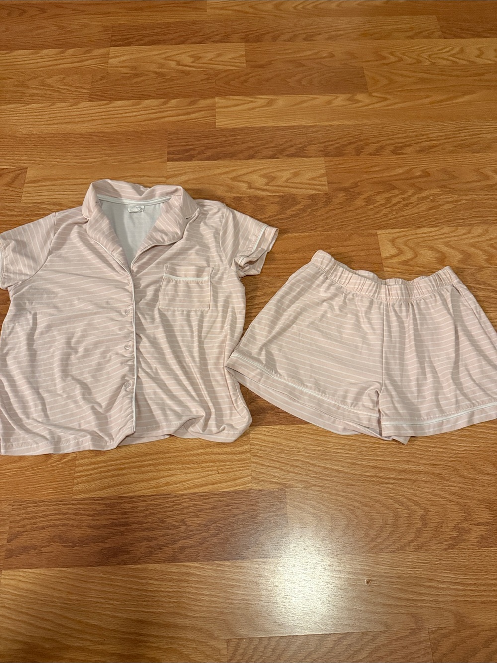 Women's Pink Striped Short Pajama Set - Soft Short Sleeve & Elastic Waist Shorts